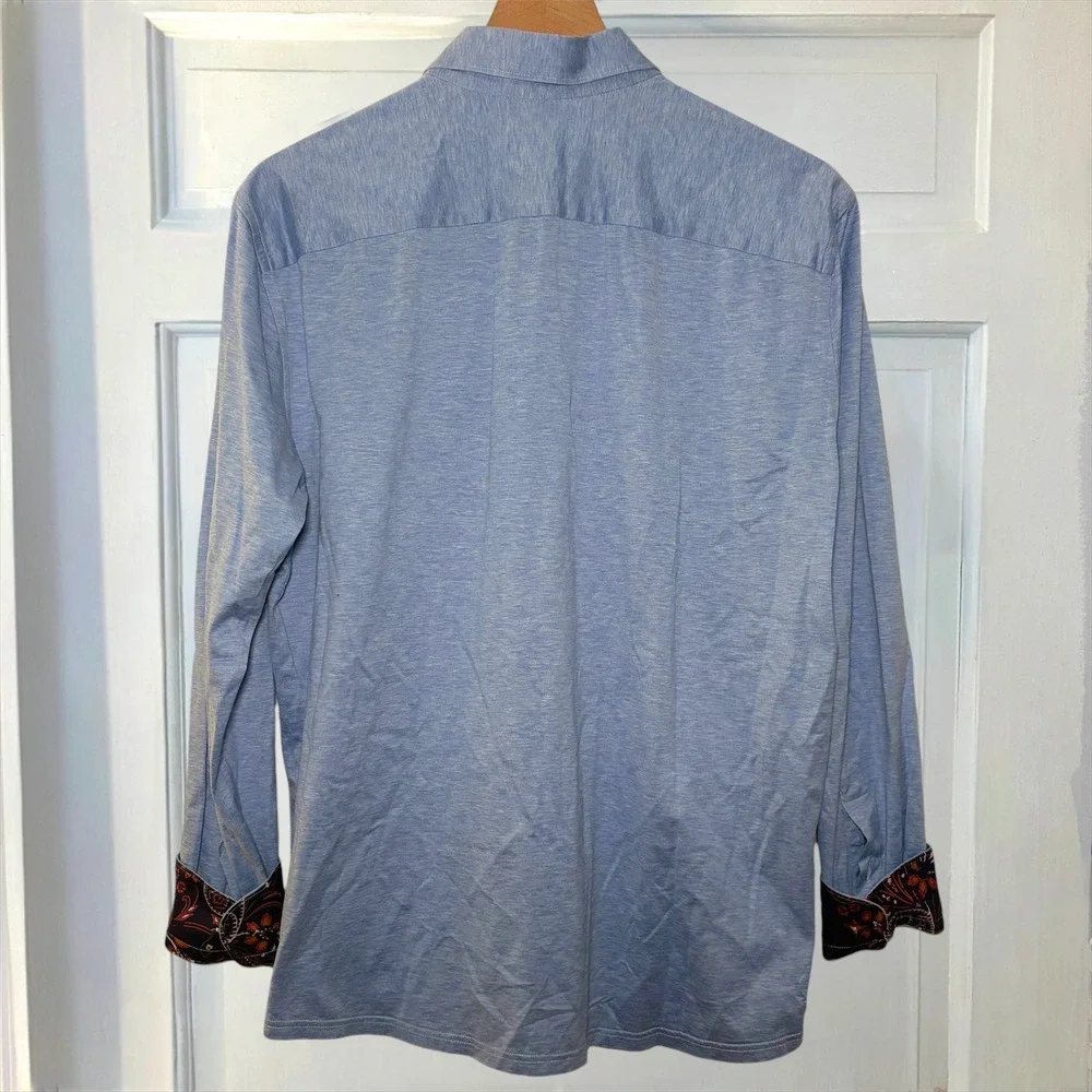 Eton Blue Stretch Jersey Shirt Contemporary Fit Men L Flip cuff Paisley Contrast - Picture 5 of 8